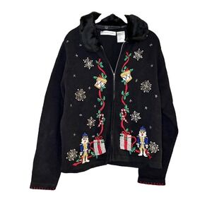 Vtg Victoria Jones Christmas Cardigan L Black Embroidered Zip Front Fur Collar